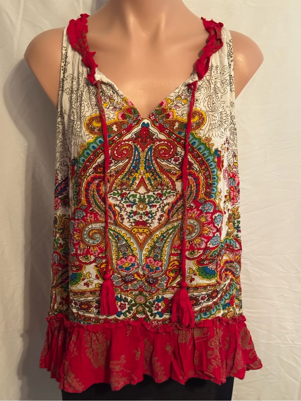 Boho Paisley Red Trim Flowy Sleeveless Tunic Top